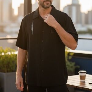 Nat Nast Black Retro Silk‎ Blend Casual Camping Embroidered Button Down Shirt